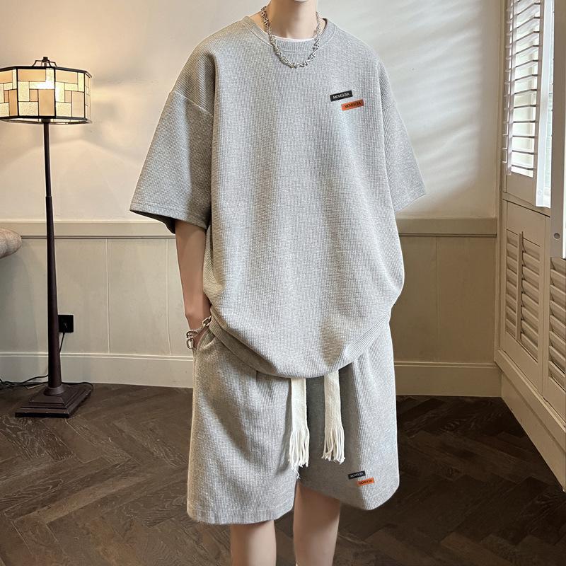 Men's Plus Size Ice Silk Waffle Two-Piece Set: Loose Short Sleeve Top & Shorts