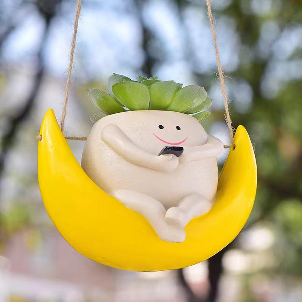 Cute Hanging Planter Pot Resin Hanging Swing Chair Planter Creative Smile Face Flower Container for Indoor Outdoor Plant Holder