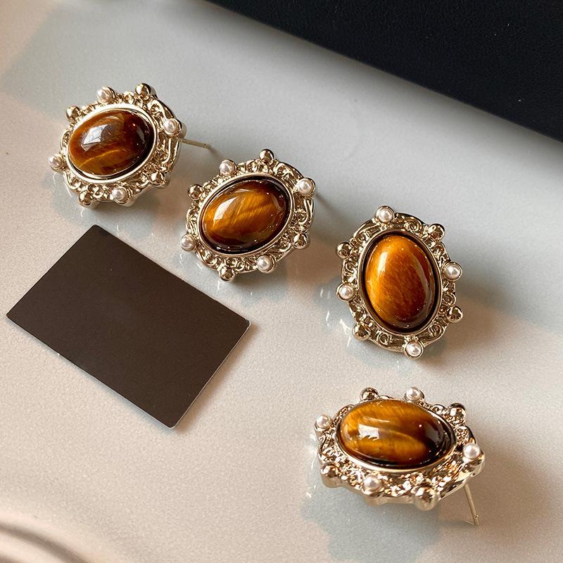 Tiger's eye oval pearl stud earrings autumn and winter temperament earrings personalized fashion earrings women