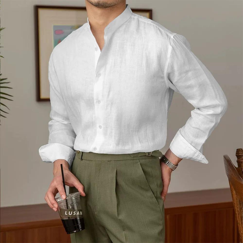 

Весна Лето Рубашка с длинным рукавом Хенли Дышащая Легкая Базовый стиль Повседневные рубашки Мода Мужская Повседневная одежда XXXL слоновая кость