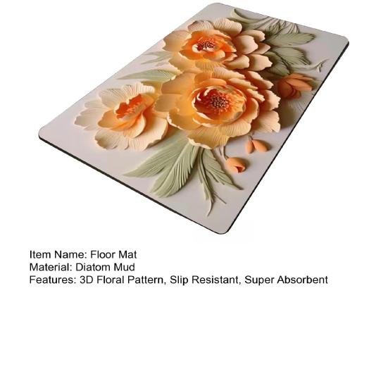 3D Floral Bath Mat Diatomaceous Earth Absorbent Floor Mat Anti Slip Realistic Oil Painting Flowers Bathroom Rug for Home Entrance Shower Kitchen