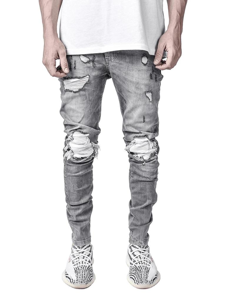 Trendy Men's European Stretch Motorcycle Black Ripped Denim Jeans