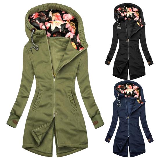 Women Hooded Coat Floral Print Patchwork Autumn Winter Drawstring Zipper Irregular Bottom Sweatshirt for Daily Wear