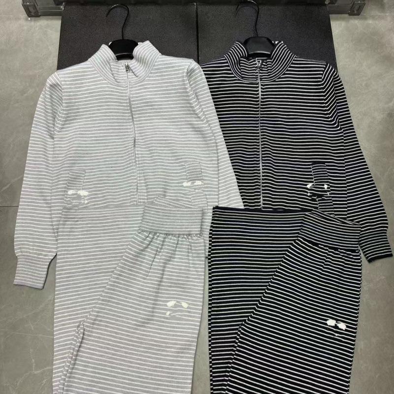 European Striped Zipper Knit Cardigan & Long Pants Two-Piece Set