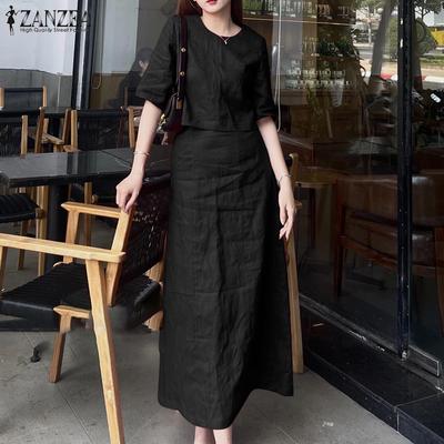 Women Summer Round Neck Short Sleeve Top Skirt Sets