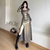 Cool Split Hooded Long Dress with Sleeves Slim Fit Shiny Fashion Women Clothing
