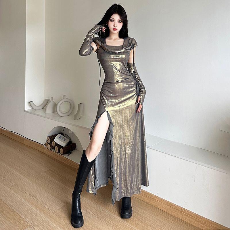 Cool Split Hooded Long Dress with Sleeves Slim Fit Shiny Fashion Women Clothing