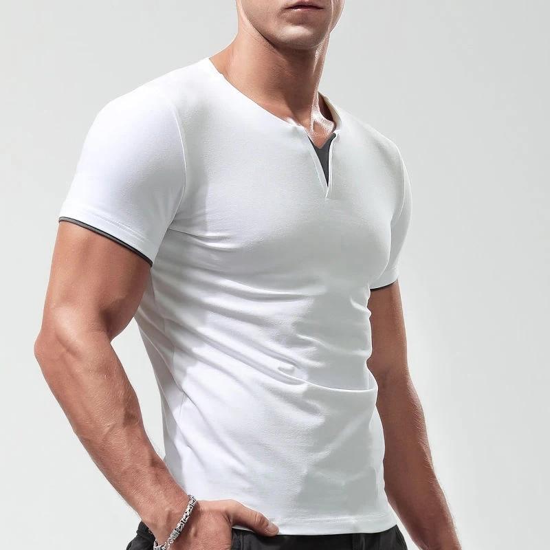 

Новая модная мужская футболка с V-образным вырезом, летняя классическая однотонная футболка с коротким рукавом, повседневные футболки Asian XXL