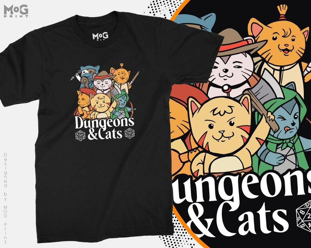 Dungeon and Cats Printed T-shirt D&D Funny Gaming Tee Adults Kids Gamer Gifts