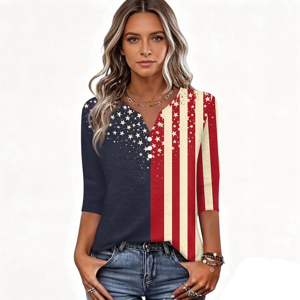 Women's T Shirt Independence Day Print Button 3/4 Sleeve Daily Weekend Fashion Basic V- Neck Regular Top