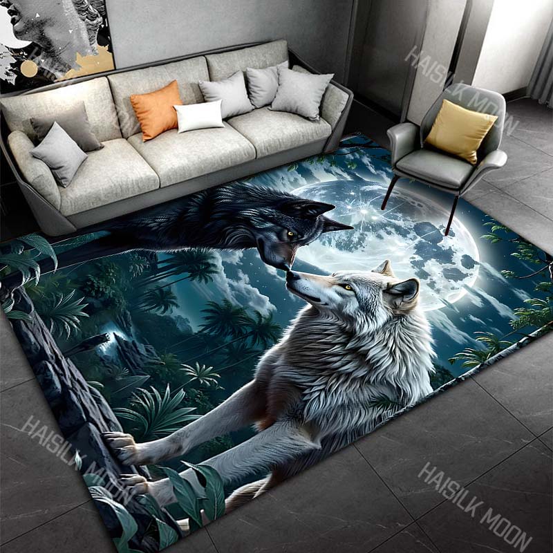1PC Full Moon Forest Black Wolf White Wolf Carpet for Living Room Bedroom Sofa Home Decor Rus Non-slip Floor Mat Luxury Gift