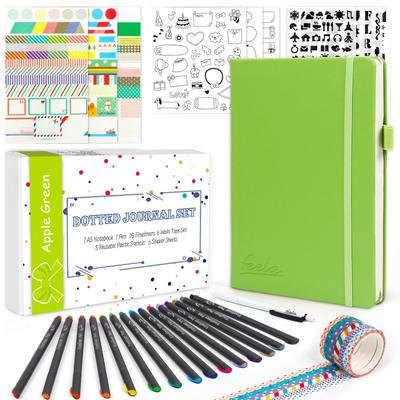 Feela Bullet Journal Notebook, Faux Leather, A5 Size, Dotted Grid, Pen Included (Light Green) Feela Dotted Journal Set, 224 Numbered Pages, Faux Leath