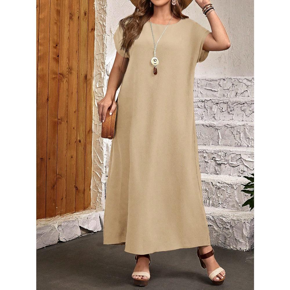 Plus Size Women Summer Casual Floral Print Round Neck Short Sleeve Loose Fit Long Dress
