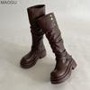 2026 Stivali Lunghi Marroni Western da Cowgirl per Donna Pieghettati Indossabili in Due Modi Al Ginocchio Scarpe in Pelle Stivali da Equitazione con Plateau per Donna