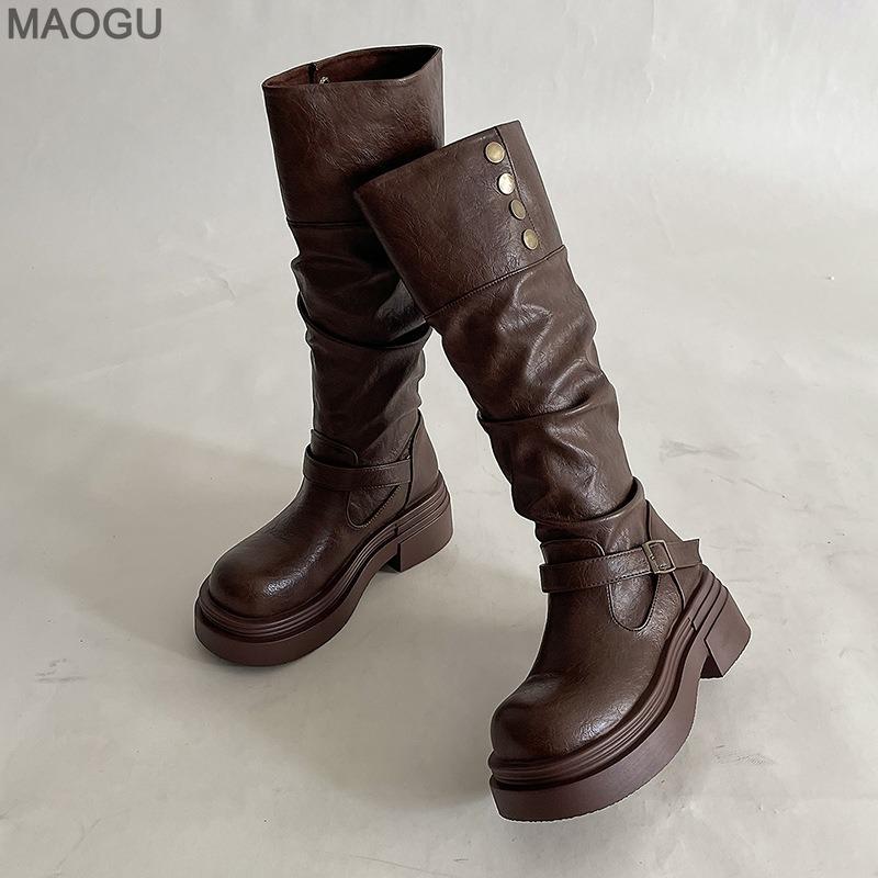 

2026 Women s Western Cowgirls Brown Long Boots Pleated Two Way Wear Knee High Leather Shoes Platform Riding Boots for Women 35 коричневый