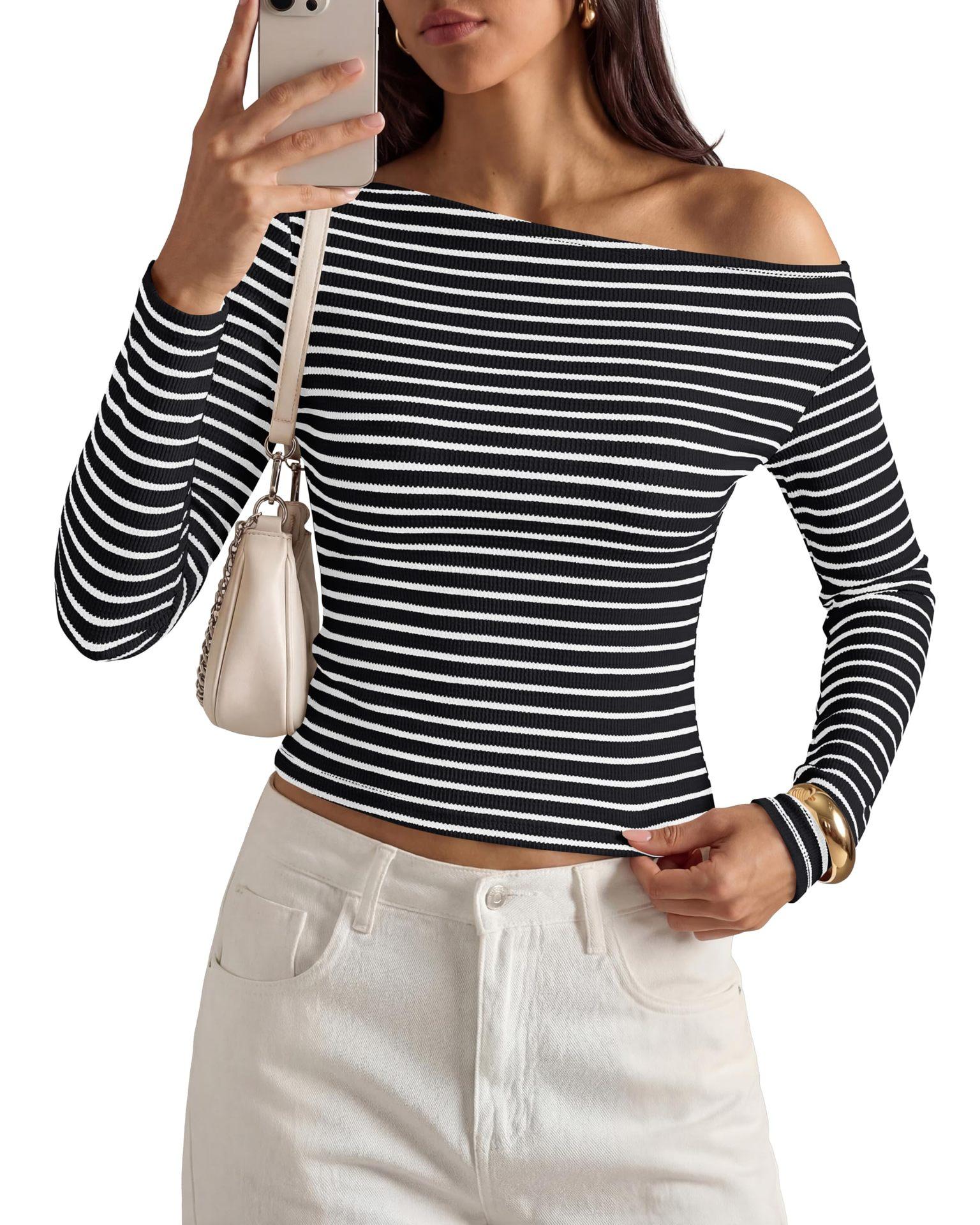 Women Fashion Casual Striped Off Shoulder Long Sleeve Cropped T Shirt S