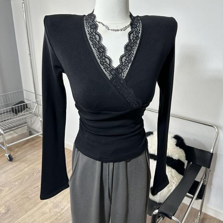 

Vintage Spicy Lace Patchwork V-Neck Long Sleeve Slim Fit Top for Women M (95-105 cm)