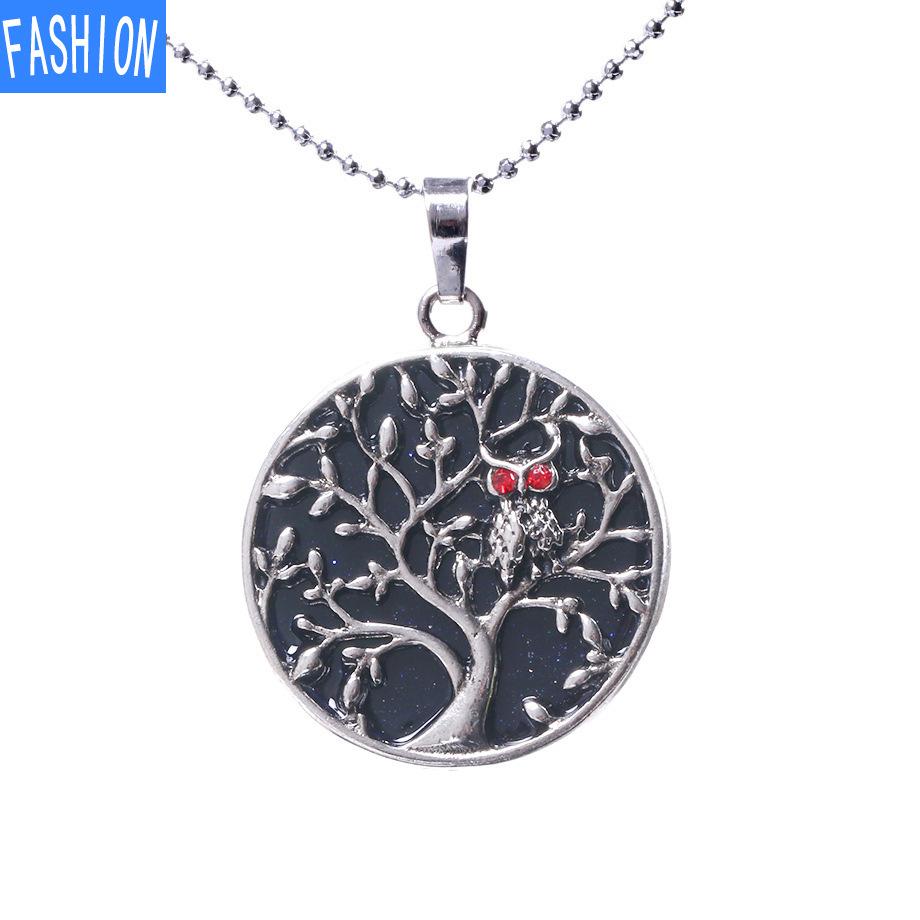 

Кулон из натурального камня с кристаллами, кулон в форме совы, дерево жизни, сплюснутые бусины, ожерелье blue sand