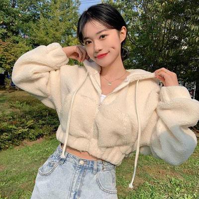 Korean Fashion Lamb Wool Zip Up Solid Short Hoodies Women Sweet Loose Hooded Sweatshirts Long Sleeve Tops Autumn
