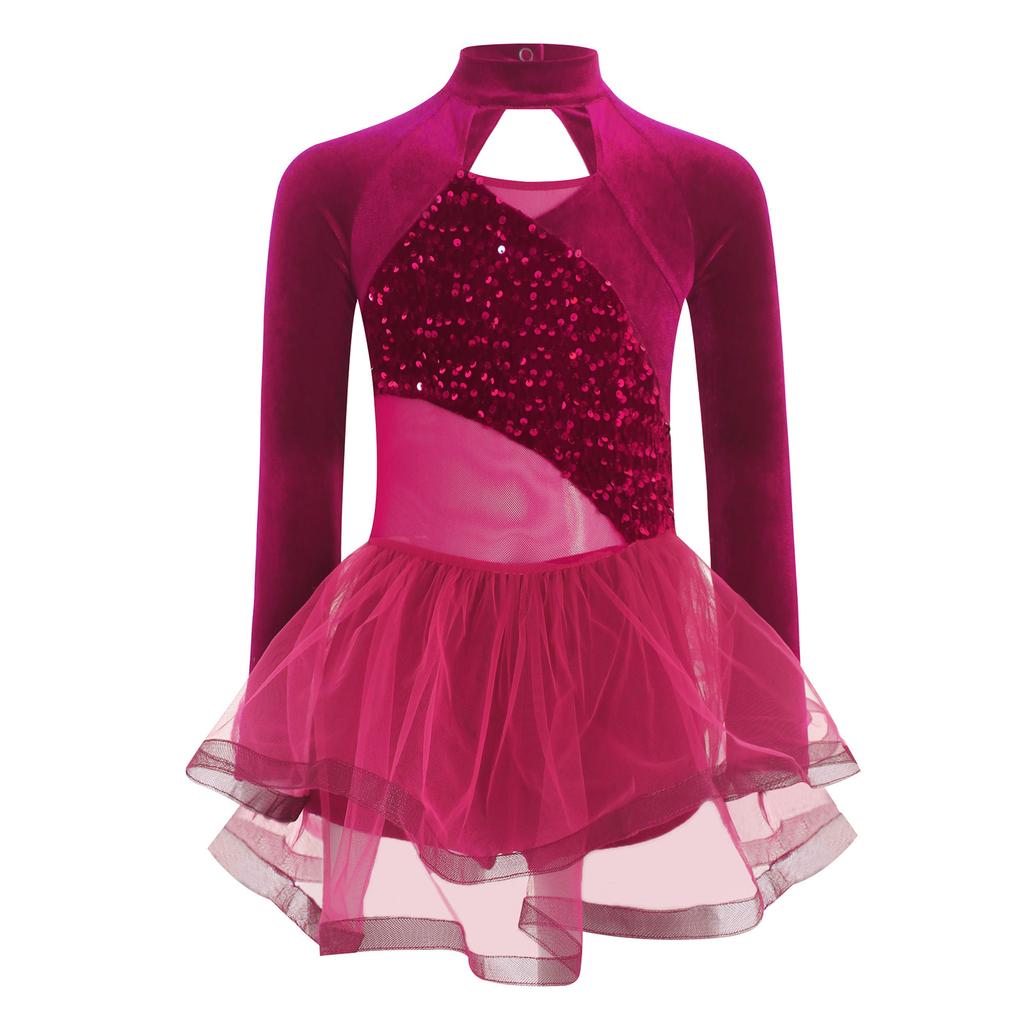 Girls Shiny Sequins Dance Dress Mock Neck Long Sleeve Design Cutout Back Velvet Patchwork Tutu Skirt