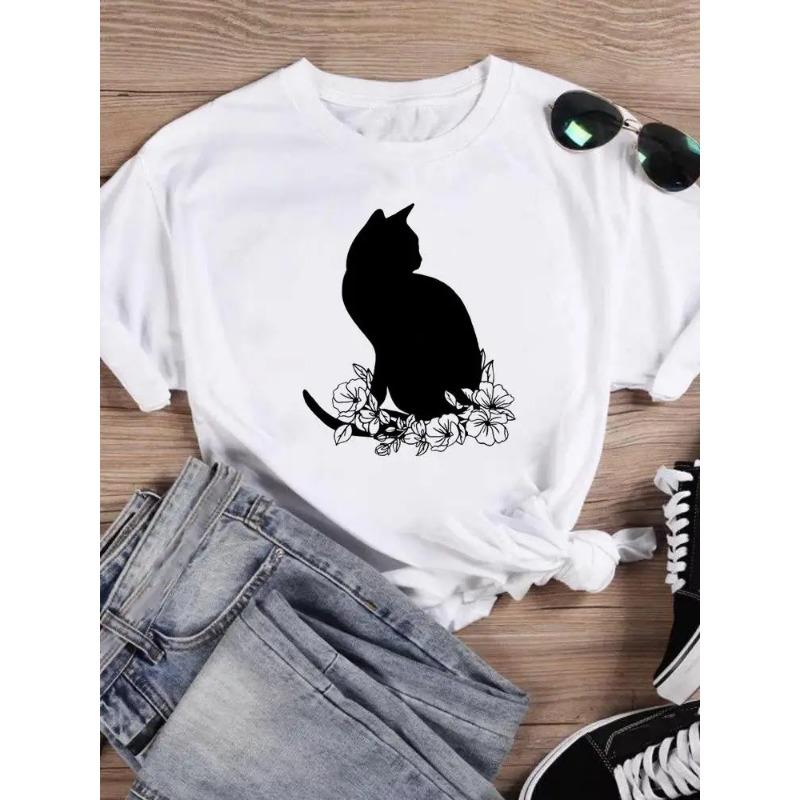Short Sleeve T Top T-shirts Women Tee Print Summer Cartoon Cat Love Valentine Shirt Female Graphic Fashion Clothing Shirt