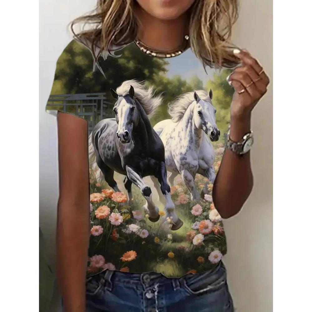 Women's Casual Round Neck T-shirt, Unique Horse Print Summer Short Sleeved Shirt