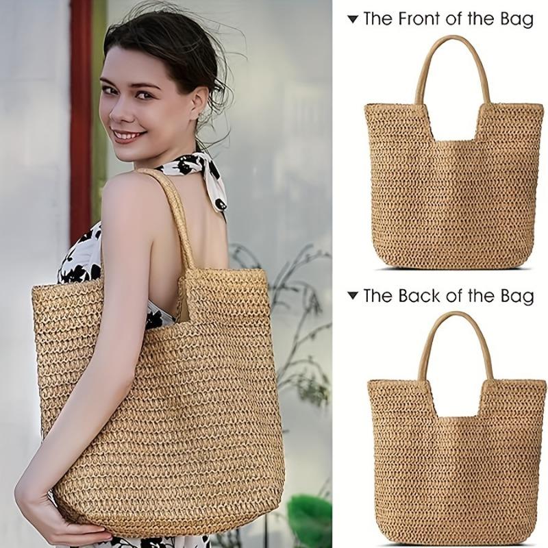 1pc Women's Handwoven Straw Beach Tote Bag, Summer Sisal Woven Shoulder Handbag, Large Vacati Carryall