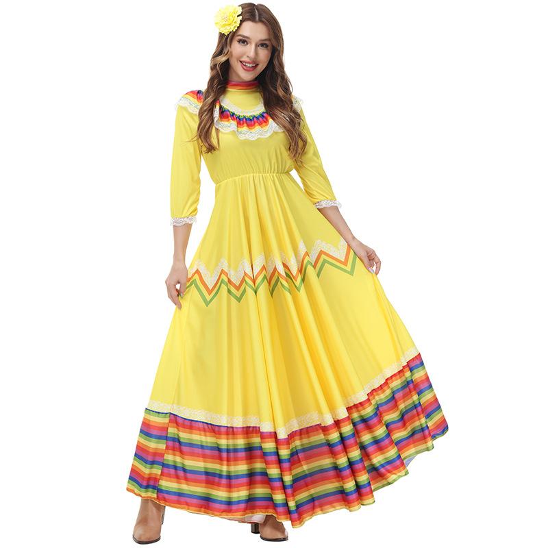 Adult Women National Mexican Ethnic Dance Maxi Long Dress Headwear Halloween Cosplay Costumes Role Play Outfit