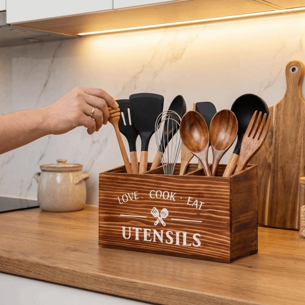 Wooden Spoon Fork Storage Box Large Capacity Space Saving Tableware Storage Rack Decorative with 3 Compartments