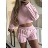 Women 2 Piece Outfits Pink Crop Top Long Sleeve Sweatshirt High Waist Shorts Loungewear Set