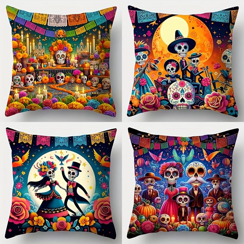 Mexican Holiday Pillow Covers Skull Pattern Day Of The Dead Pillowcase One Sided Print Zipper Closure Polyester