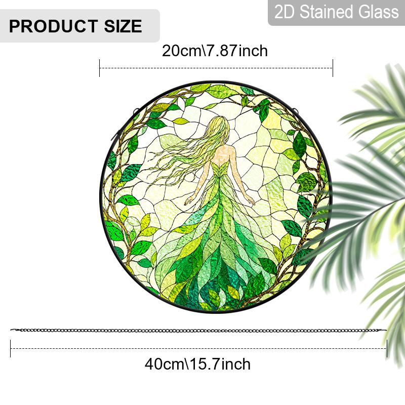 2D Flat Stained Glass Green Genie Window Decoration, 6.3/7.87inches Colored Glass Plate with Chain, Charming Indoor/Outdoor Spring Summer Sun Catcher