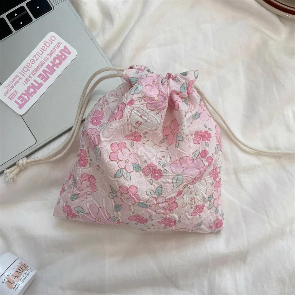 Cute Cartoon Bear Ladies Mini Drawstring Bags Retro Flower Women's Cosmetic Storage Bag Portable Sweet Female Coin Purse Handbag