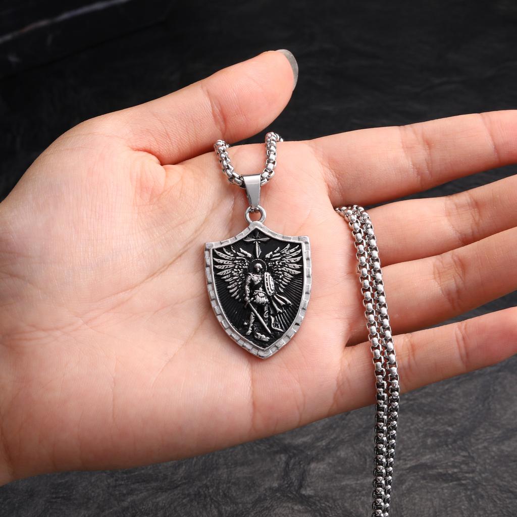Stainless Steel St. Michael Shield Necklace for Men,Vintage Oxidized Saint Michael Pendant,Catholic Protection Jewelry Gift