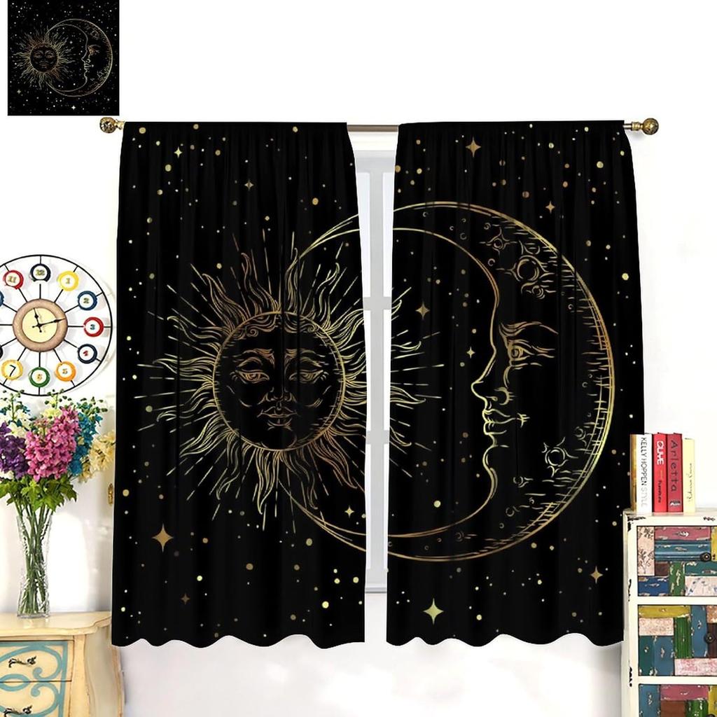 Sun Moon Curtains Bohemian Celestial Art Printed Blackout Window Drapes for Bedroom Living Room Kitchen Decor Fabric Set 2 Panel