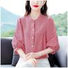 Women's Fashionable Red Plaid Stand-Up Collar Blouse - Seven-Sleeve Loose Fit for Summer 2025