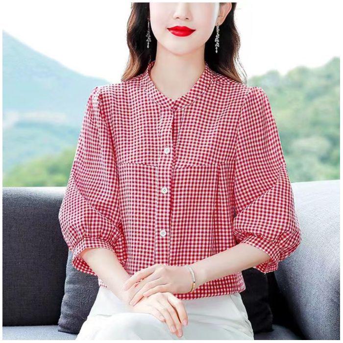 Women's Fashionable Red Plaid Stand-Up Collar Blouse - Seven-Sleeve Loose Fit for Summer 2025