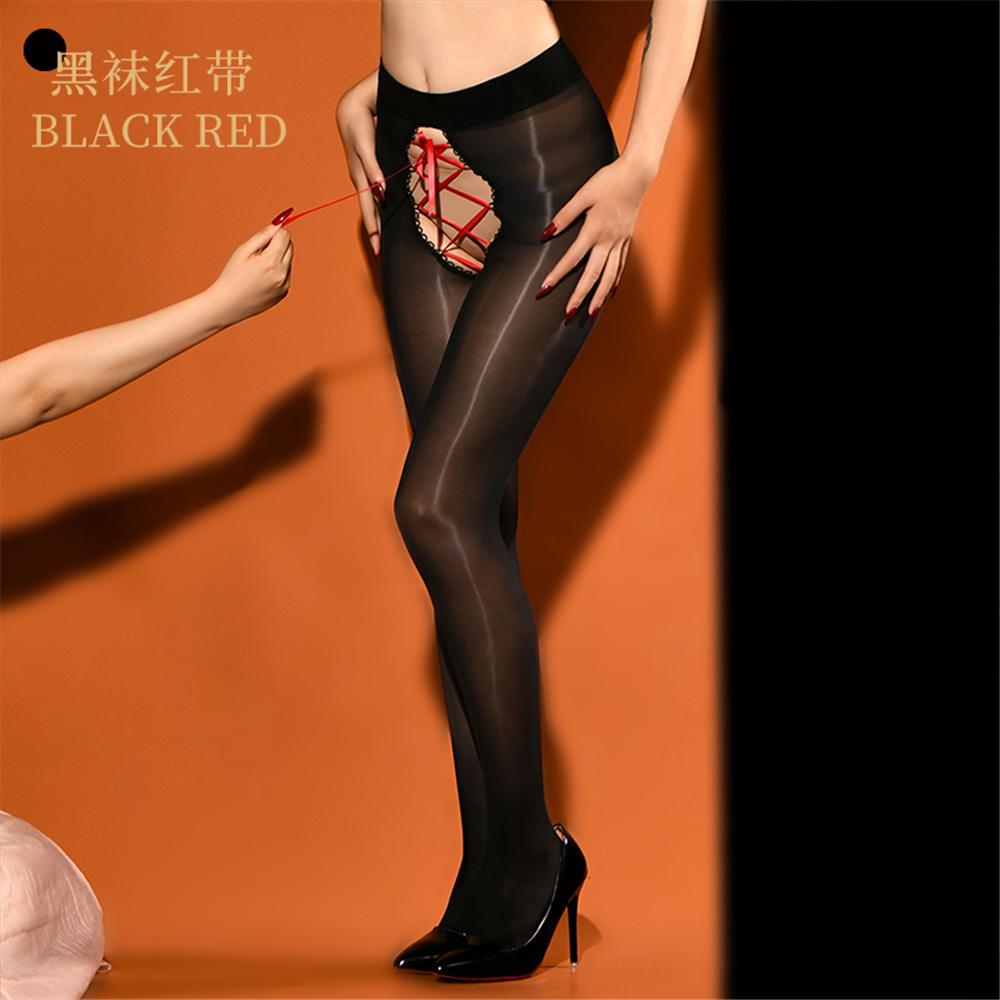 Sexy Women Lace UP Bandage High Waist Shaping Pantyhose Open Crotch Oil Glossy Shiny Sheer See Through 8D Tight Stockings