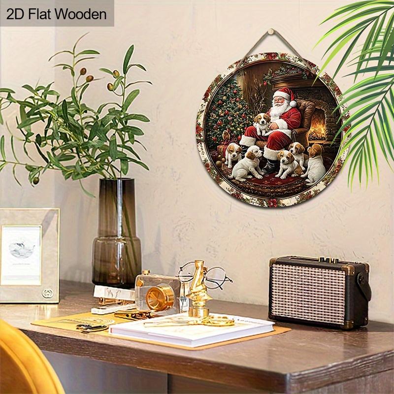 Christmas Decoration Sign,indoor Hanging decorations,2D Flat Wooden Products with The Pattern Is Santa Claus and dogs,Christmas Gifts for Family