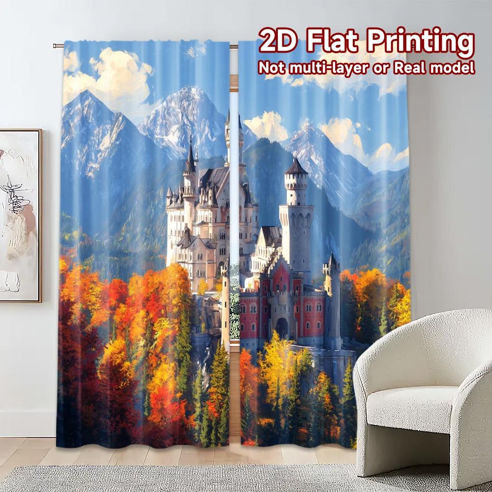 2pcs, 2D FLAT PRINTING Curtains (Without Rod) AutumnCastle Popular Light Filtering Curtains Machine Washable Fabric Curtains Art