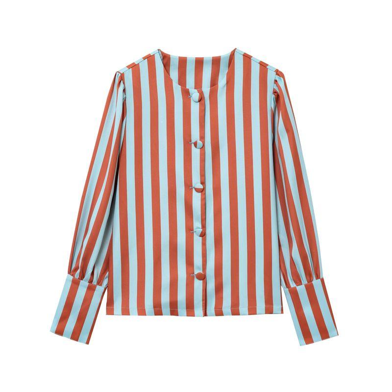 Za Autumn New Women's Clothing Zr European and American Style Foreign Trade Fashion Versatile Round Neck Long Sleeve Single-Breasted Striped Top