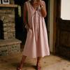 Abito midi da donna a V con bordi in pizzo, senza maniche, vestibilità ampia, casual estivo, tinta unita, vestito da sole