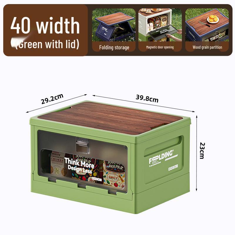XL Folding Outdoor Storage Box with Wood Lid & Side Opening for Camping & Car Trunk Organization