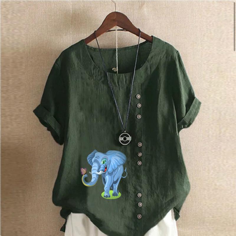 Women's Fashion Elephant Print Short Sleeve T-shirt Loose Cotton Shirt Casual Loose Summer Blouse Tops Plus Size