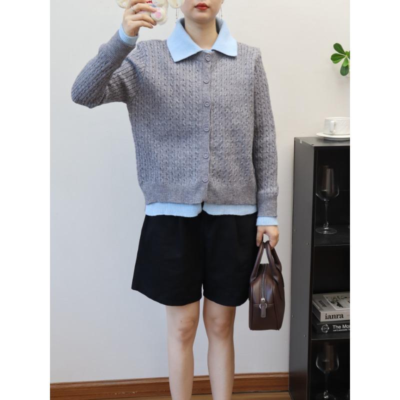 Polo Collar Long-sleeved Knitted Cardigan Autumn and Winter New Loose Design Fake Two-piece Splicing Sweater Jacket Women