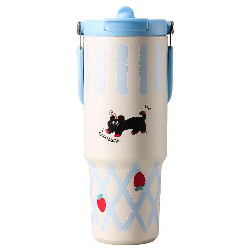 Cartoon Animal Thermos Cup Large Capacity Stylish Portable Straw Cup Outdoor Women's Insulated Coffee Mug