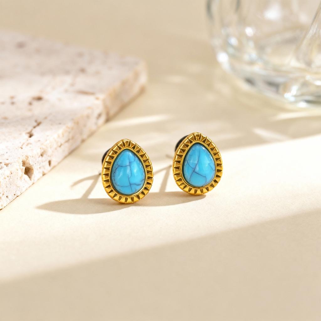 Vnox Vintage Gold Plated Water Drop Shaped Turquoise Stud Earrings, Stainless Steel Natural Stone Earrings Jewelry for Women