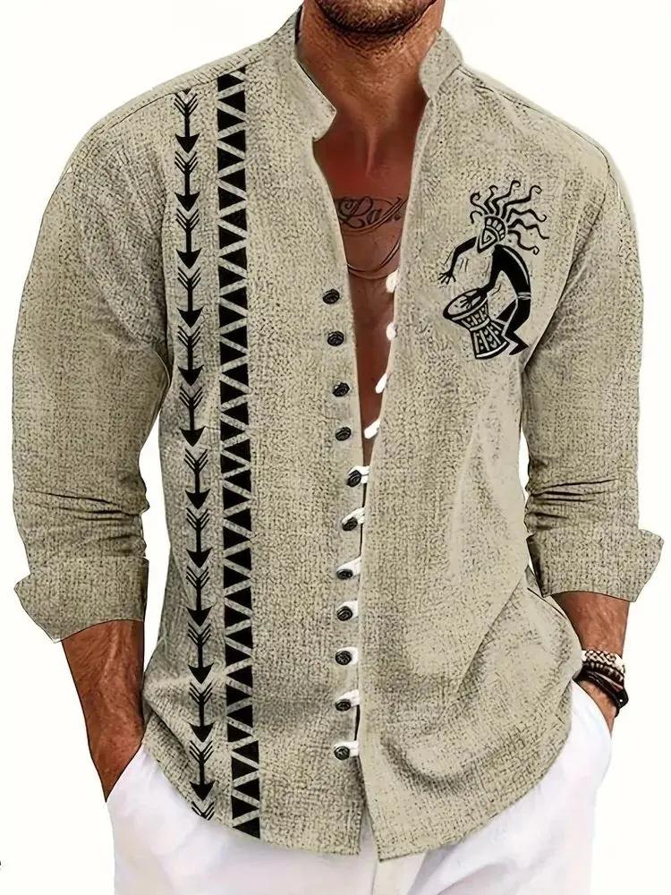 Men Long Sleeve Tops Blouse Comfort Print Button Shirt L хаки
