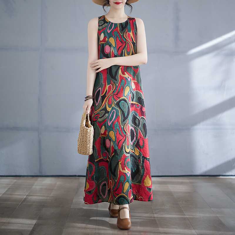Long Skirt Summer New Sleeveless Round Neck Printed Dress