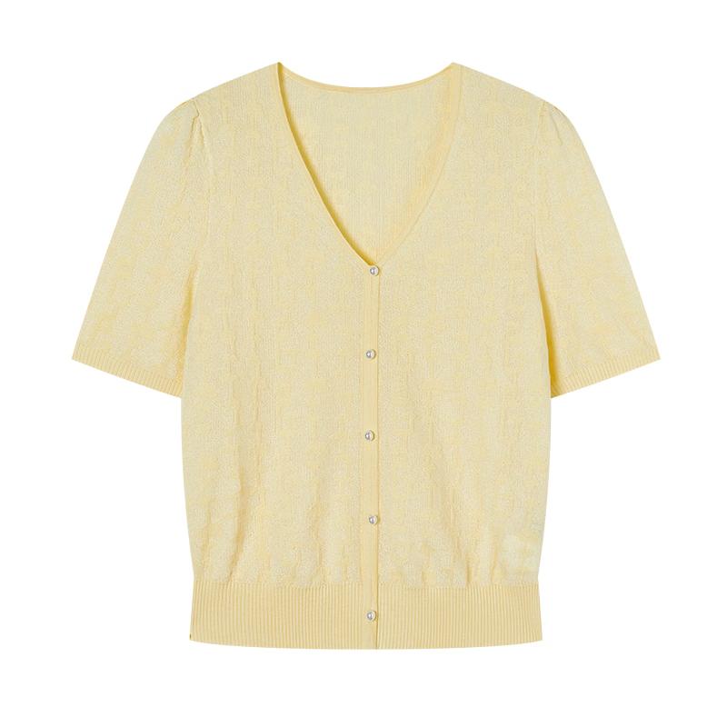 

Xiangying Women s V-Neck Jacquard Knit Short Sleeve Top M